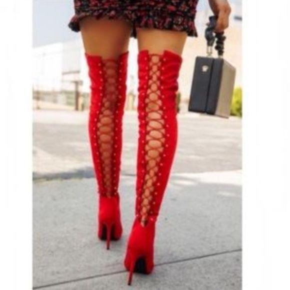 Stretchy Over the Knee Lace Up Boots in Tan - Picture 10 of 12